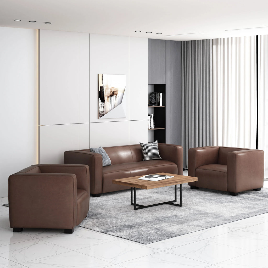 Christopher Knight Home Goyette Faux Leather 3 Piece Club Chair and Sofa Set, Cognac Brown/Dark Walnut Y271694