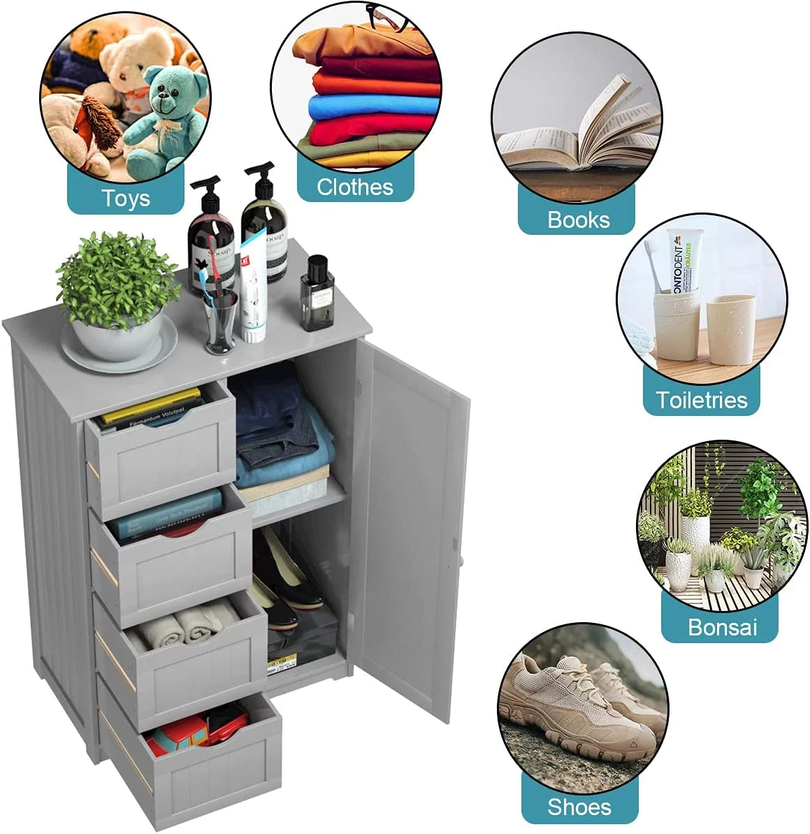 Freestanding Bathroom Storage Cabinet with 4 Drawers and Cupboard, Gray E602183