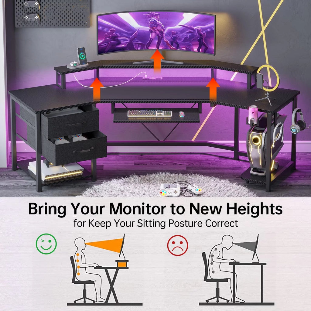 79" Gaming Desk with LED Lights & Power Strip, L Shaped Computer Desk with Storage, Black F674