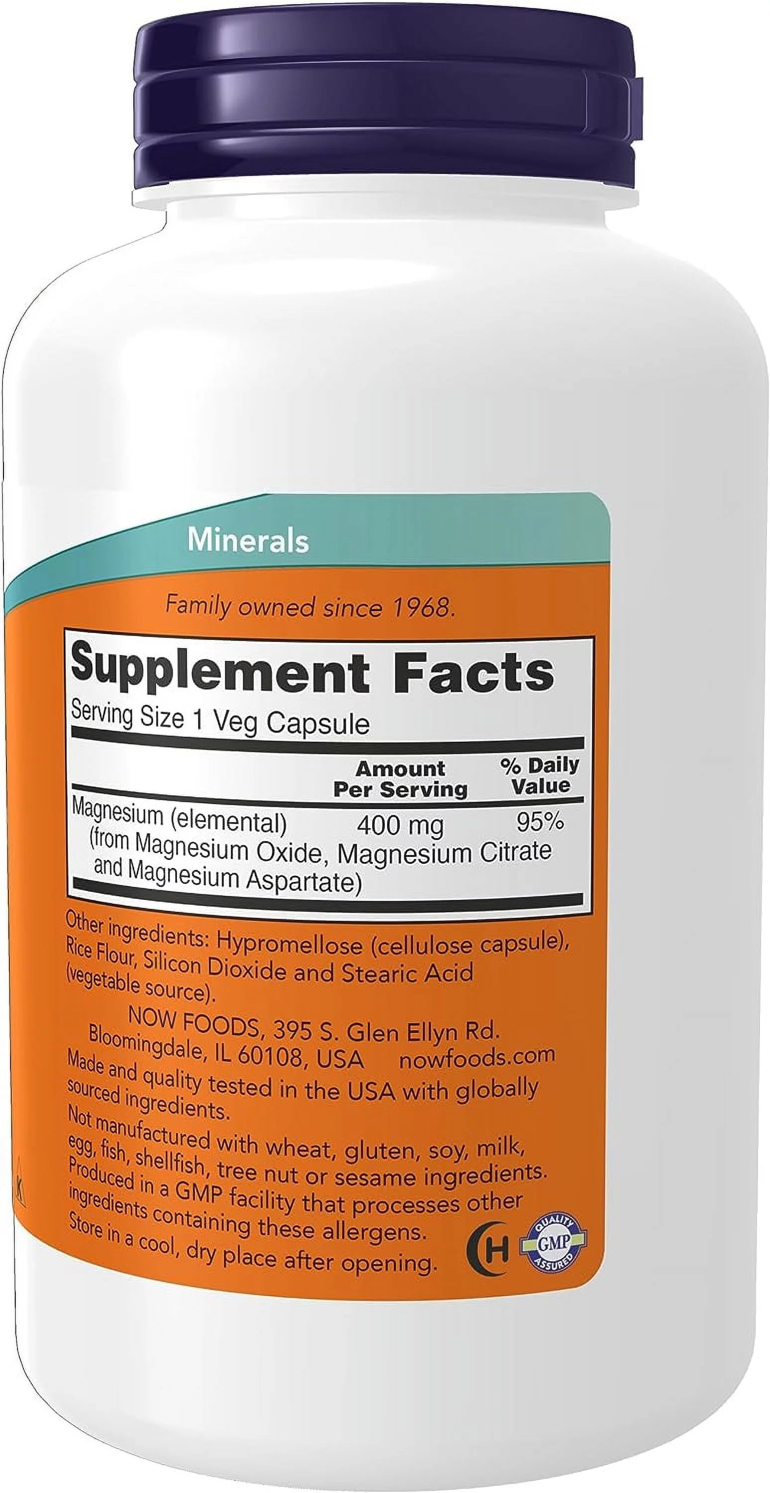 NOW Supplements Magnesium 400 mg, 180 Veg Capsules V451822