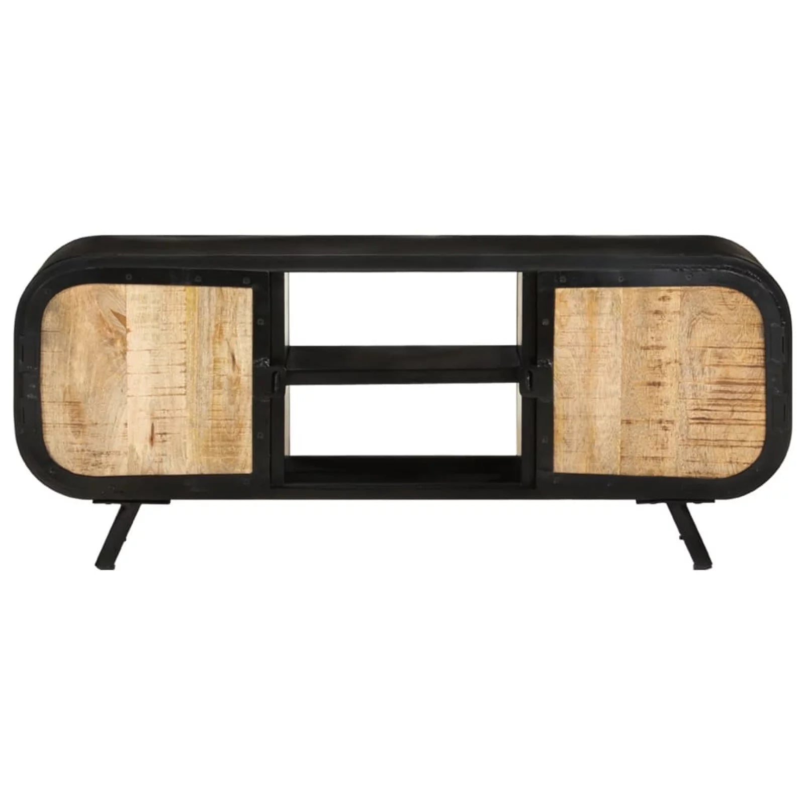 Anself TV Stand with 2 Compartments and 2 Shelves, Mango Wood, Iron Legs U5328