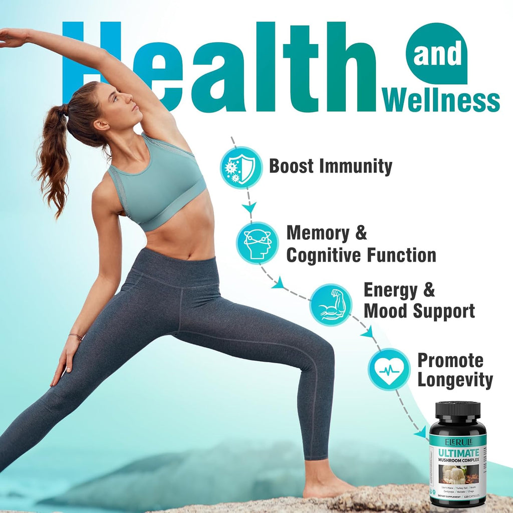 6 in 1 Mushroom Supplement with Lions Mane, Reishi, Cordyceps, Chaga, Turkey Tail, Maitake - 120 Capsules U8605