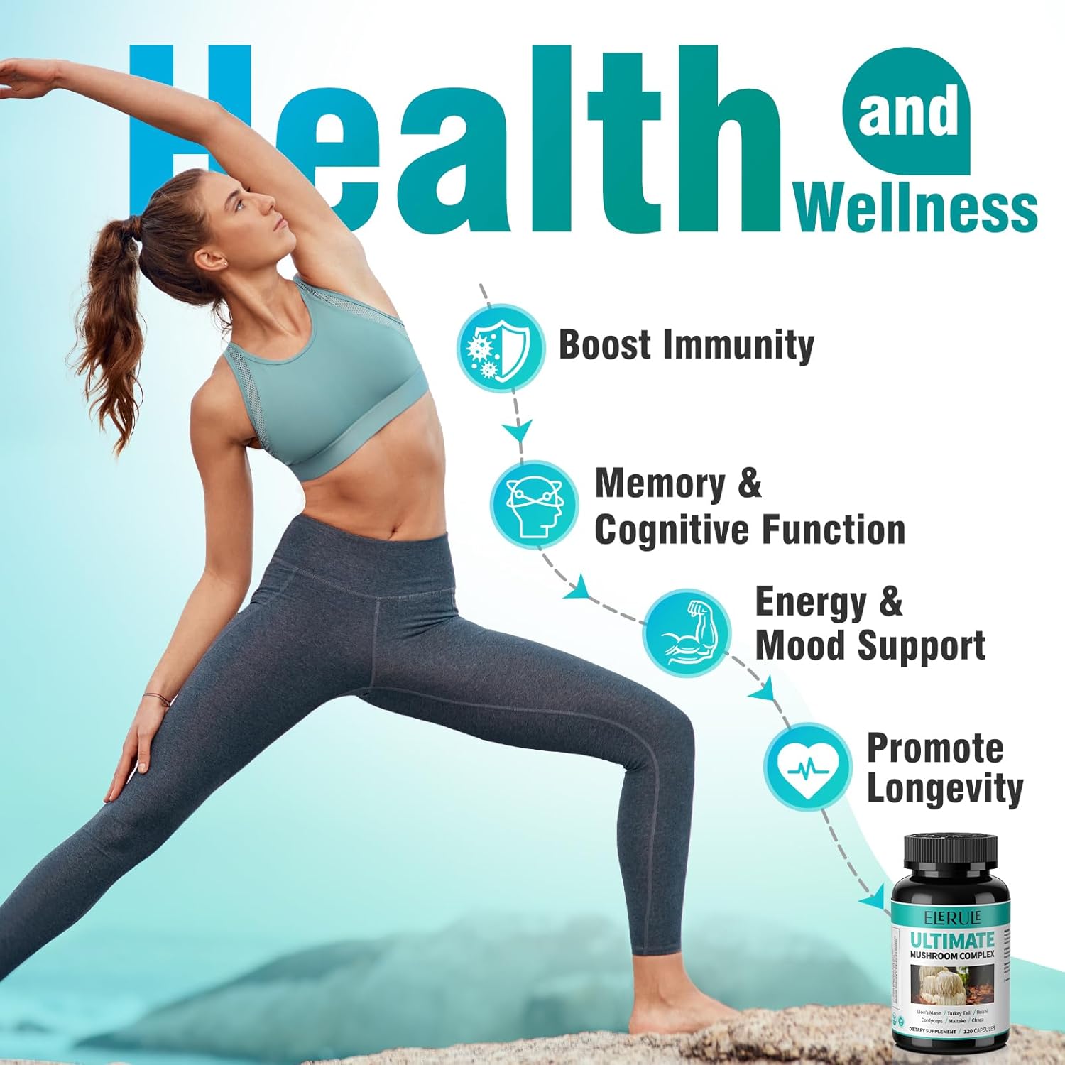 6 in 1 Mushroom Supplement with Lions Mane, Reishi, Cordyceps, Chaga, Turkey Tail, Maitake - 120 Capsules U8605