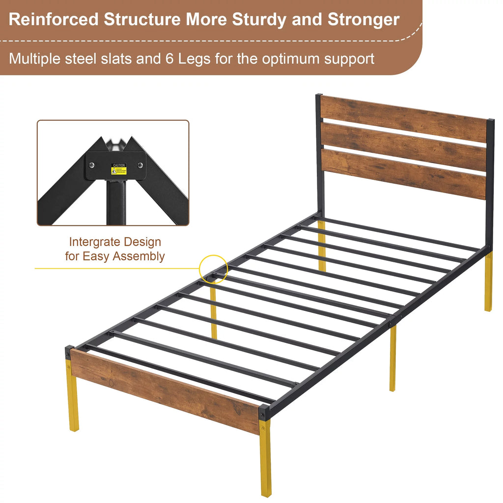 VECELO Twin Bed Frame with Wooden Headboard, Metal Slats, Brown L2211