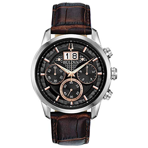 Bulova Men's Classic Sutton 6-Hand Chronograph Calendar Big Date Leather Strap Quartz Watch, Domed Mineral Crystal, 44mm