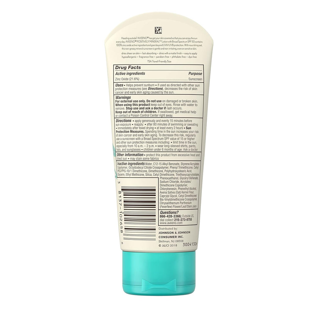 Aveeno Positively Mineral Sensitive Skin Sunscreen Lotion SPF 50, Unscented, 3 Fl Oz O90324
