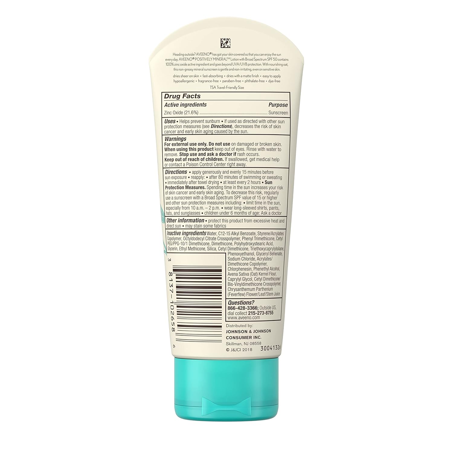Aveeno Positively Mineral Sensitive Skin Sunscreen Lotion SPF 50, Unscented, 3 Fl Oz O90324