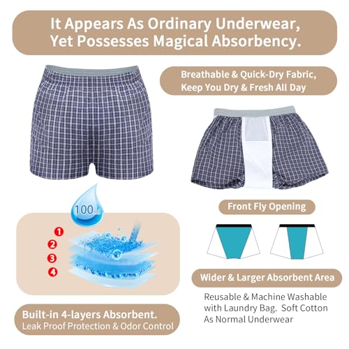 Washable Incontinence Boxer Briefs for Men, Leak Proof, 2 Pack H99755