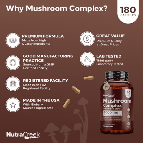Mushroom Complex Supplement with Cordyceps, Reishi, Shiitake, Maitake and Lion's Mane, 180 Capsules W7499