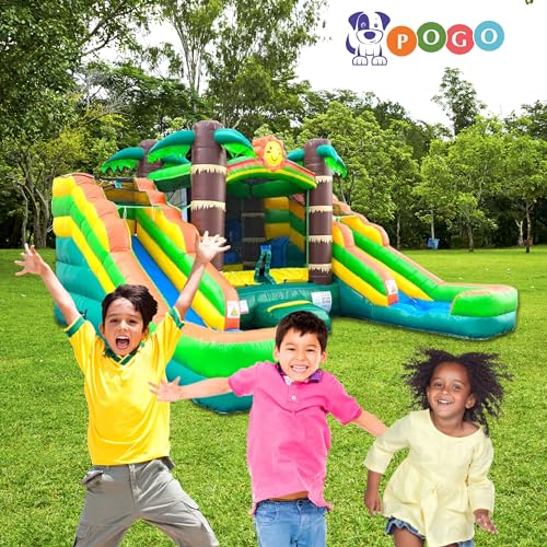 Pogo Bounce House Crossover Tropical Inflatable with Double Water Slides for Kids C150758