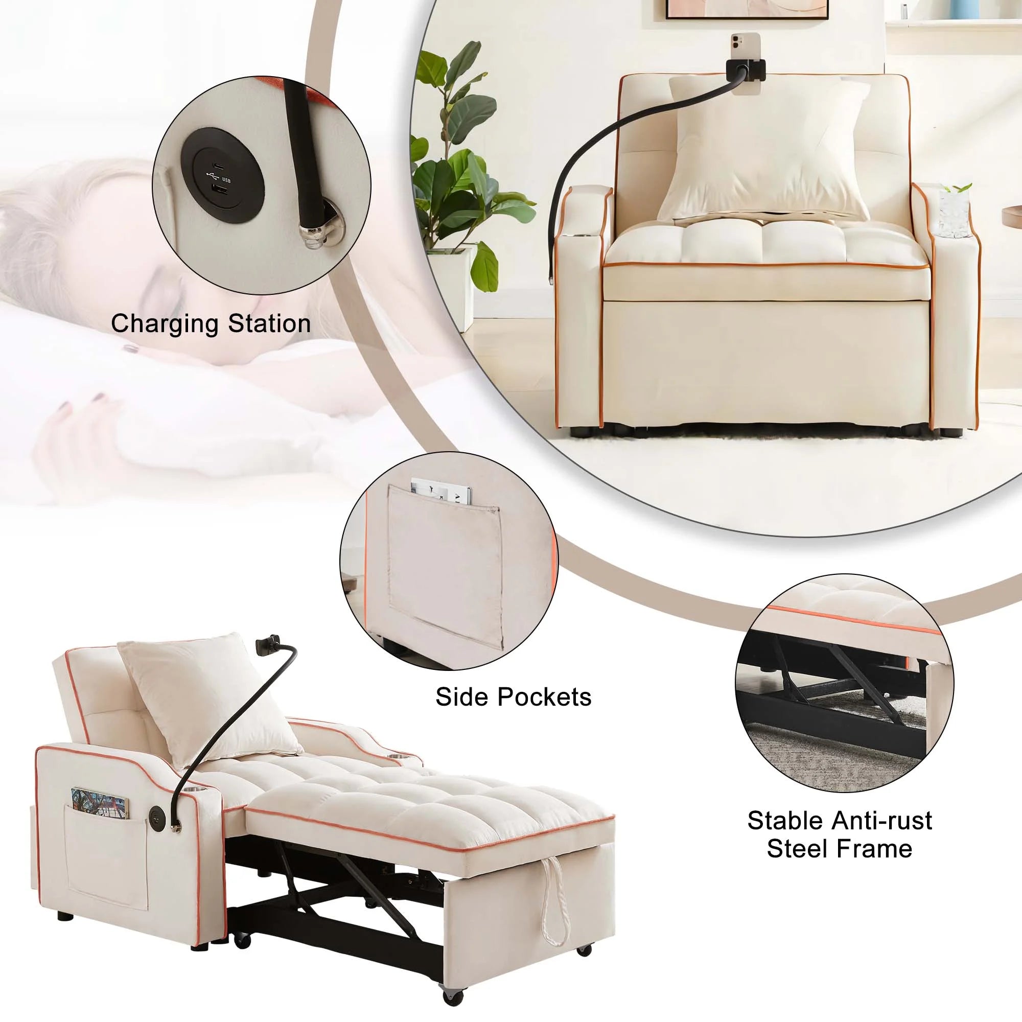 Aukfa Sleeper Chair Bed, Convertible Pull Out Sofa, Beige W589