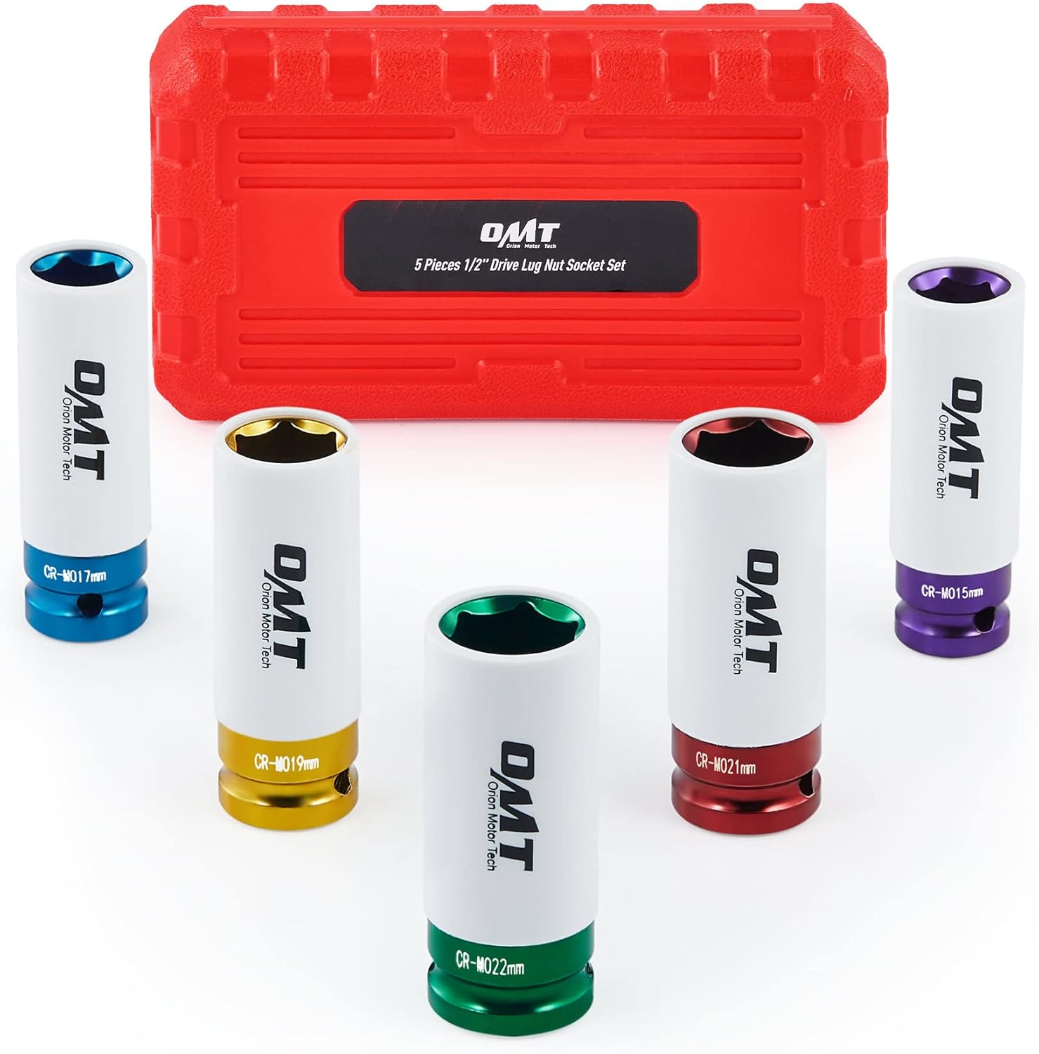 Orion Motor Tech Impact Socket Tool Set, 5 Piece 15 17 19 21 22 mm Sockets for 1/2 Inch Drive, Non-Marring Protective Wheel Lug Nut Impact Socket Set