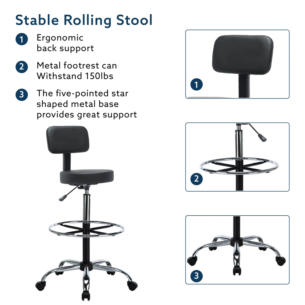 Height Adjustable Drafting Stool with Footrest, Faux Leather, Rolling Wheels by Naomi Home T38183