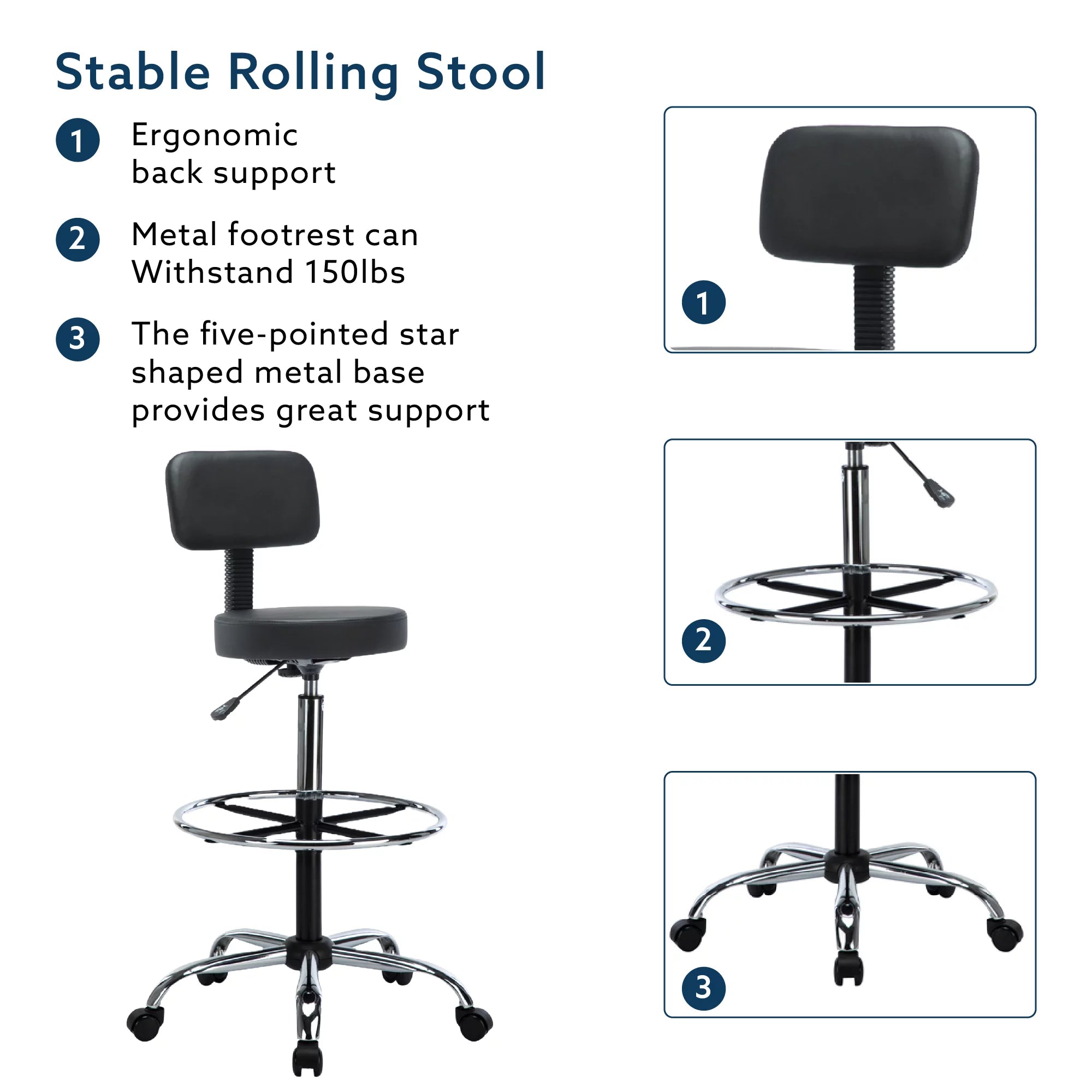 Height Adjustable Drafting Stool with Footrest, Faux Leather, Rolling Wheels by Naomi Home T38183