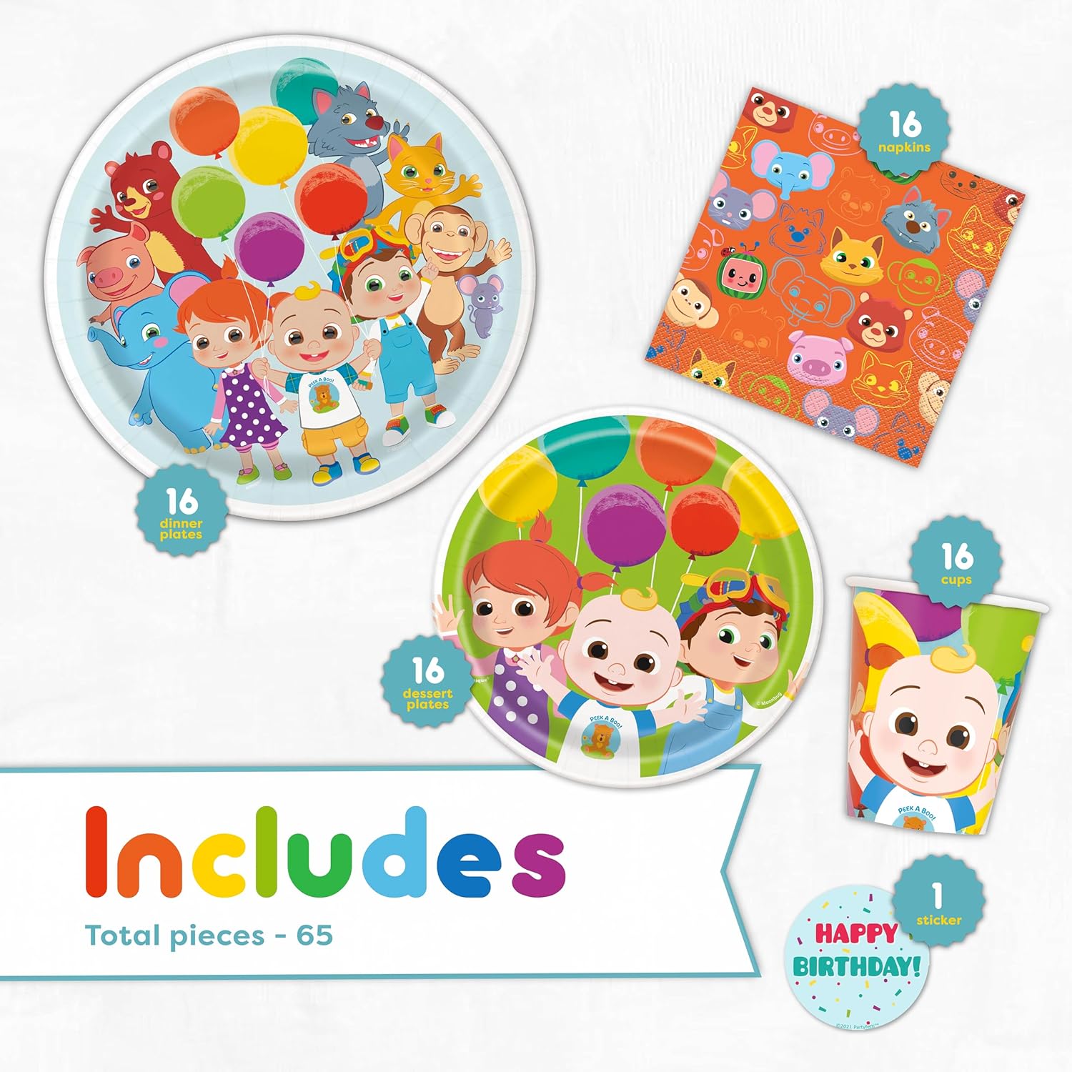 Cocomelon Birthday Party Supplies for 16 Guests with Plates, Cups, Napkins T312