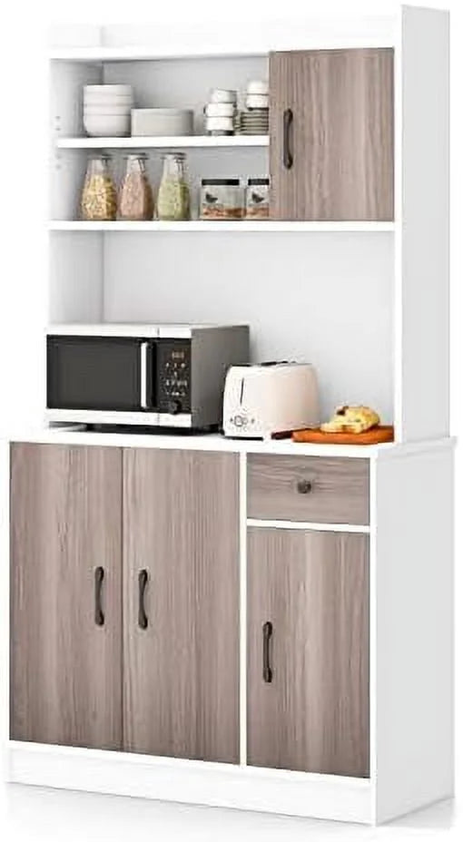CCBIUOMBO Kitchen Pantry  Cabinet  71'' Freestanding Microwave Cupboard with 3 Cabinets &amp; Drawer  Adjustable Shelves  Buffet with Hutch for Living Room  Dining Room  White