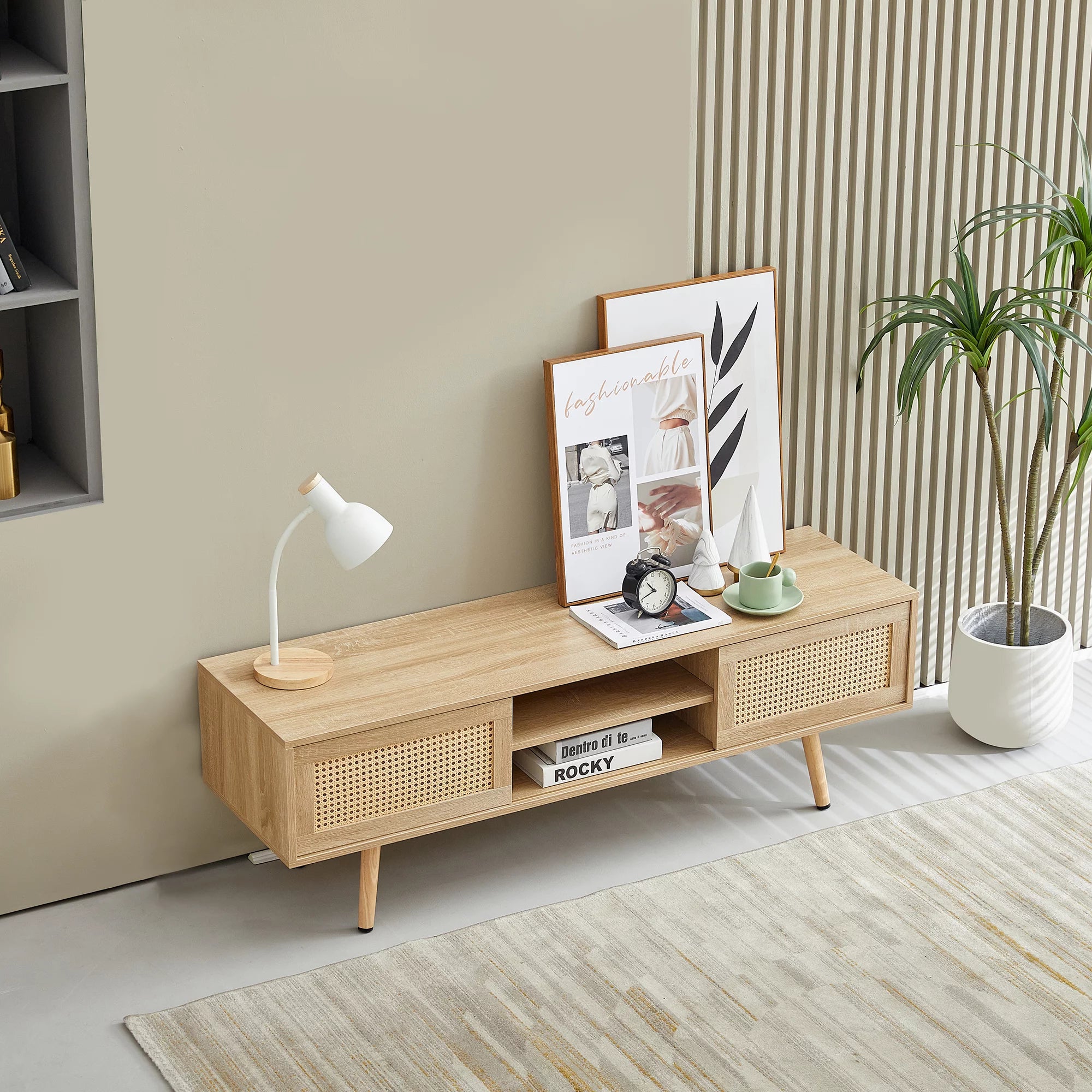KUUFER 55" Rattan TV Stand, Solid Wood TV Cabinet with 2 Sliding Doors Z50259