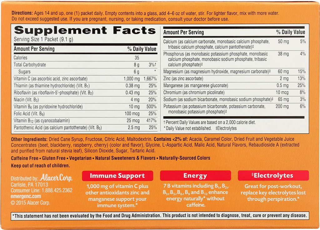 Alacer Emergen-C Vitamin C Raspberry 1000mg, 30 Packets W47997