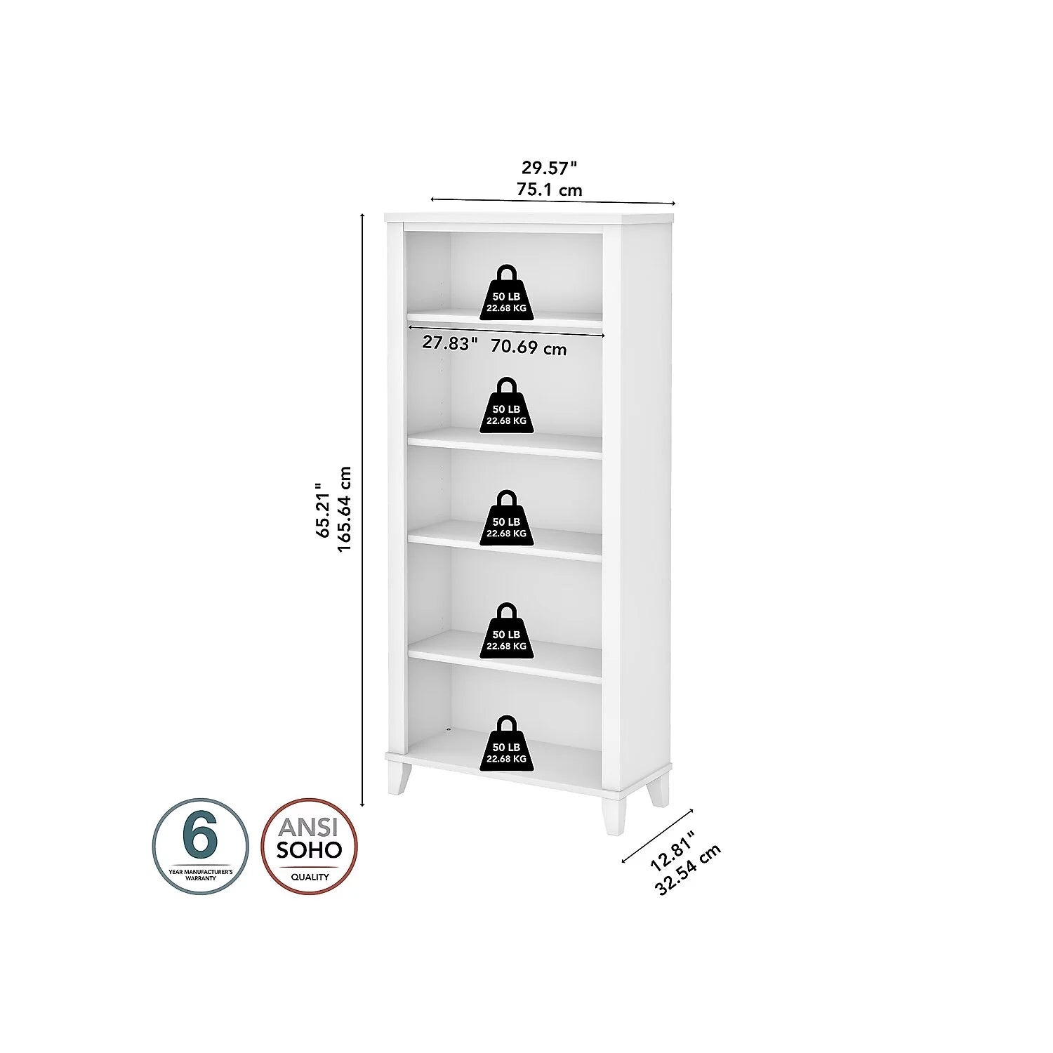 Bush Furniture Somerset 5 Shelf Tall Bookcase White U387859