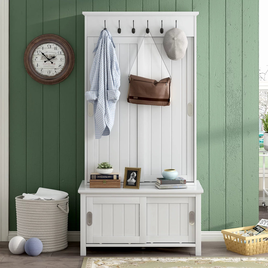 CoSoTower Hall Tree with Sliding Doors and Storage Bench, White H76310