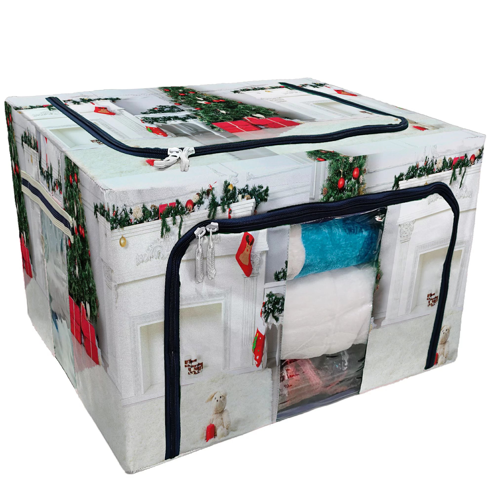 ABPHQTO Christmas Socks Fireplace Tree Shallow Storage Bag Clear Window Storage Bins Boxes Large Capacity Foldable Stackable Organizer With Steel Metal Frame For Bedding,Clothes,Closets, Bedrooms