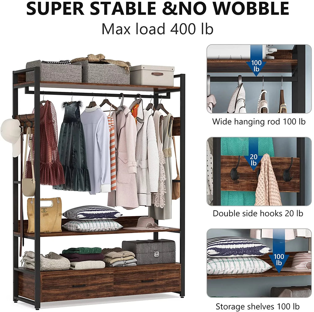Tribesigns Heavy Duty Clothes Rack with Shelves and 2 Drawers, Rustic Brown V99073