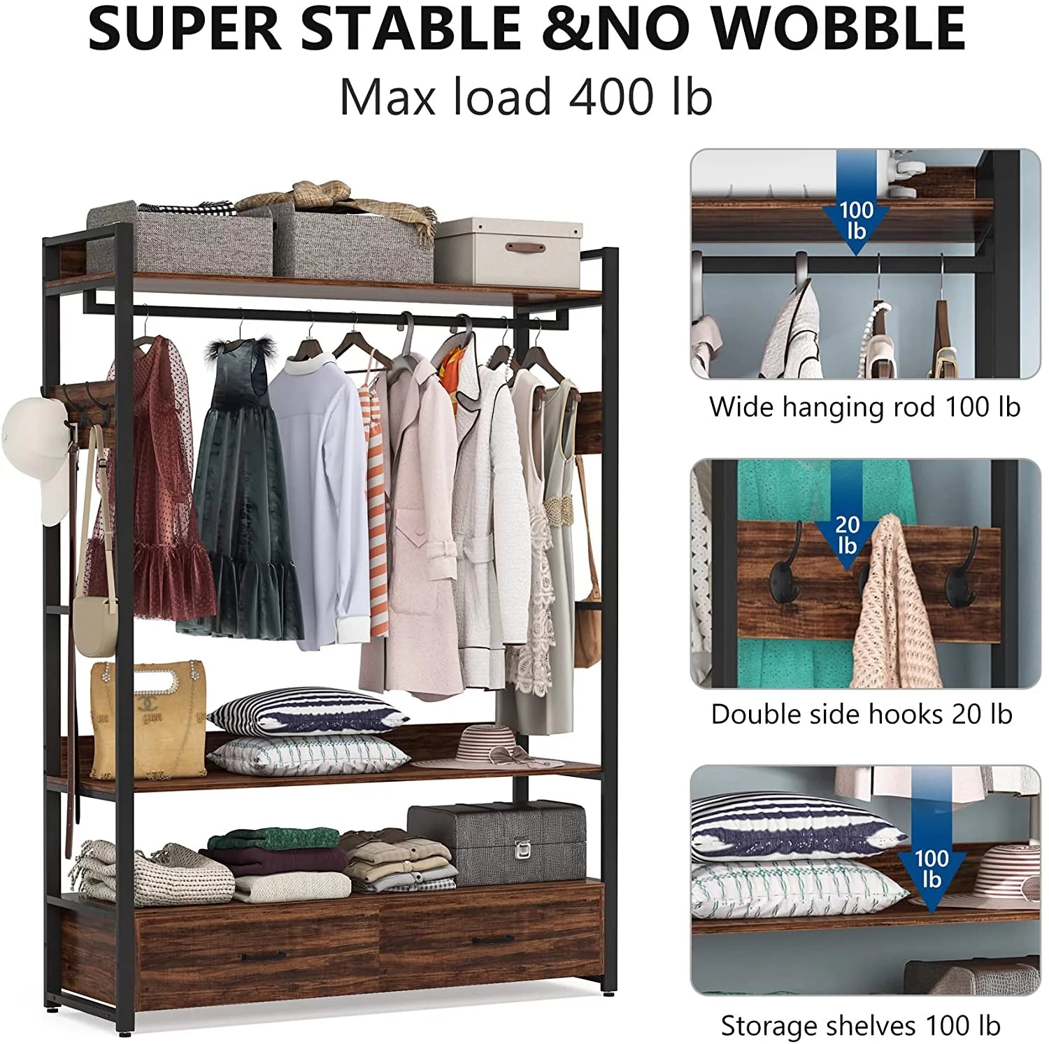 Tribesigns Heavy Duty Clothes Rack with Shelves and 2 Drawers, Rustic Brown V99073