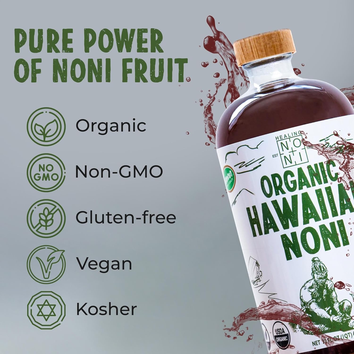 Healing Noni Organic Hawaiian Noni Juice, 32oz Glass Bottle R37830