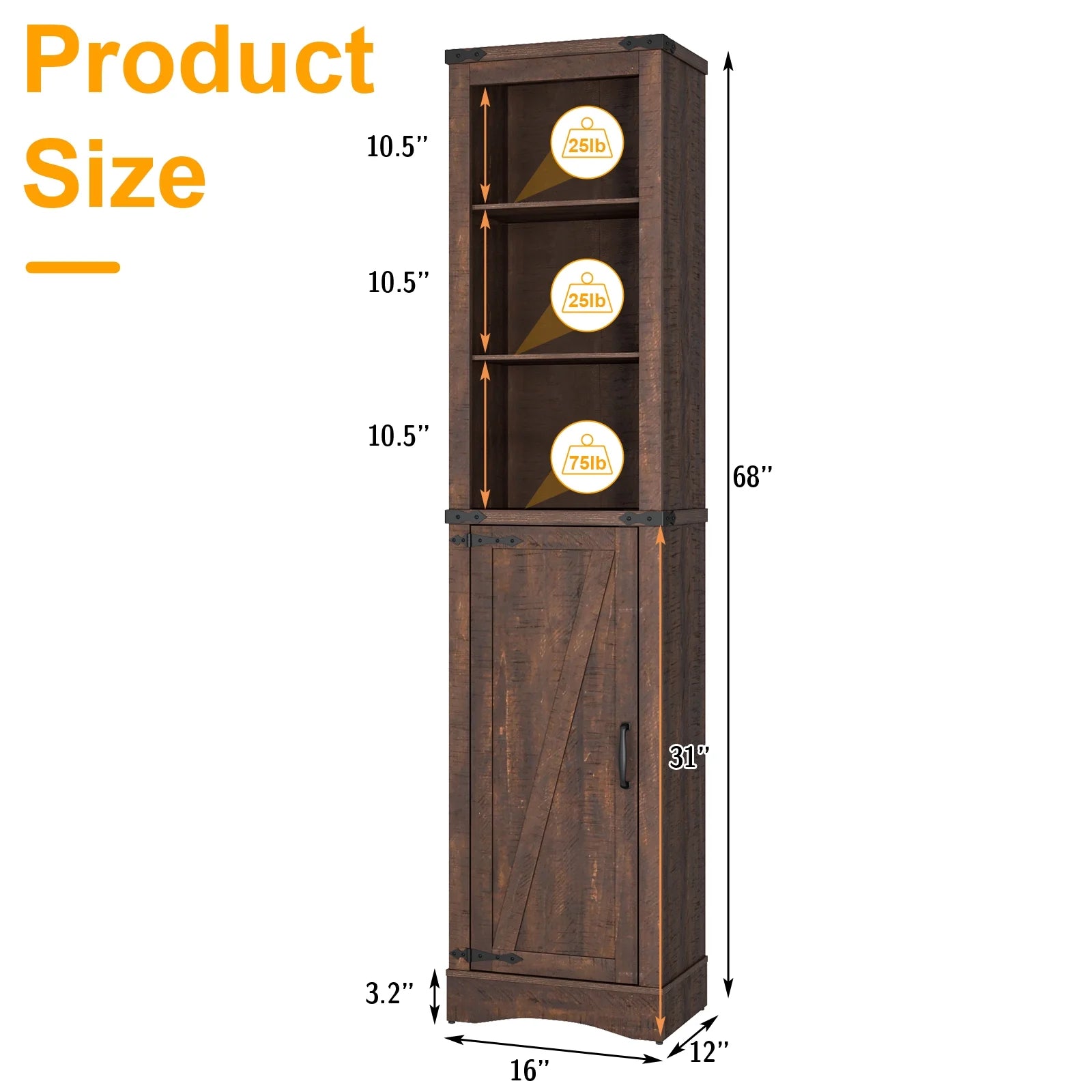 ChVans Farmhouse Storage Cabinet, 5-Shelf Tall Bathroom Organizer with Barn Door, Brown W446800