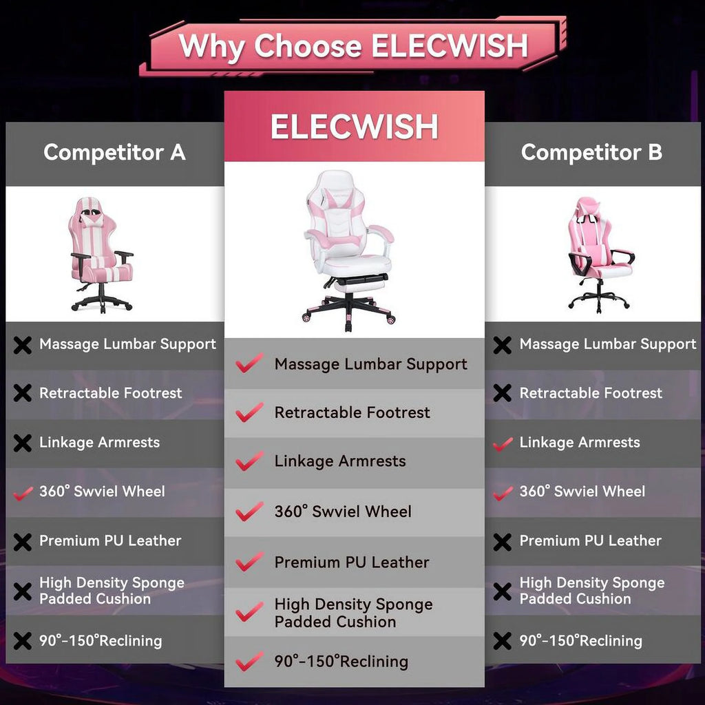 ELECWISH Gaming Chair Adjustable Lumbar Support Swivel Office Chair, Pink T526