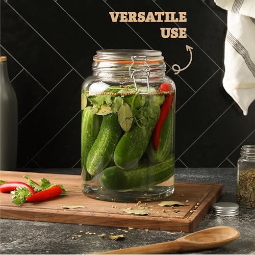 kitchentoolz Large 1 Gallon Glass Mason Jar with Hinged Lids, Wide-Mouth, Pack of 2 J9205