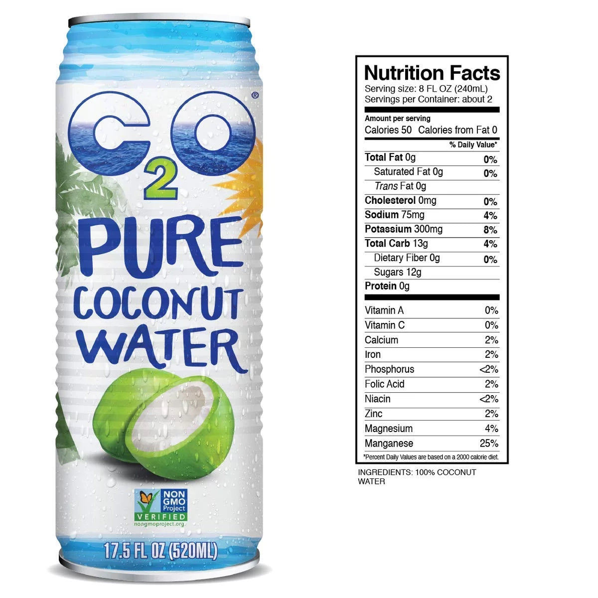 C2O Pure Coconut Water, No Added Sugar, 17.5 FL OZ (Pack of 12) D829