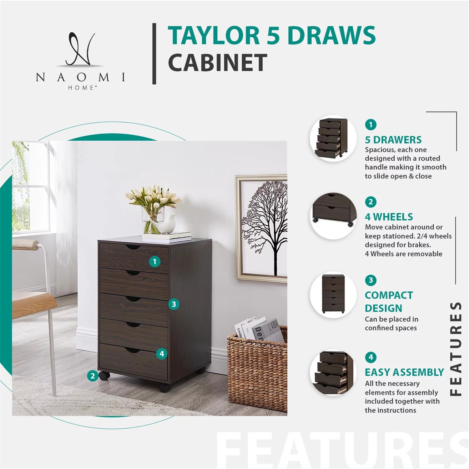 Taylor 5 Drawers Chest Wood Storage Dresser with Wheels - Espresso U717105