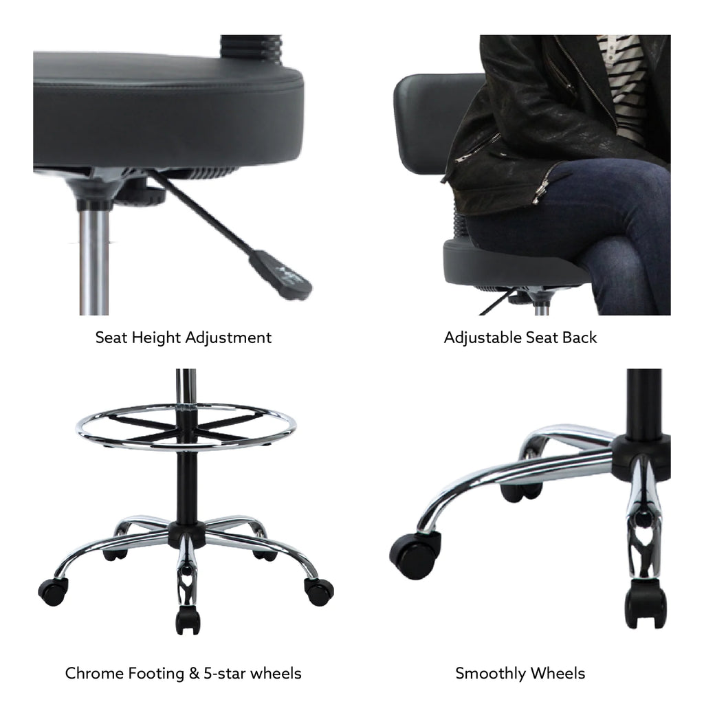 Height Adjustable Drafting Stool with Footrest, Faux Leather, Rolling Wheels by Naomi Home T38183