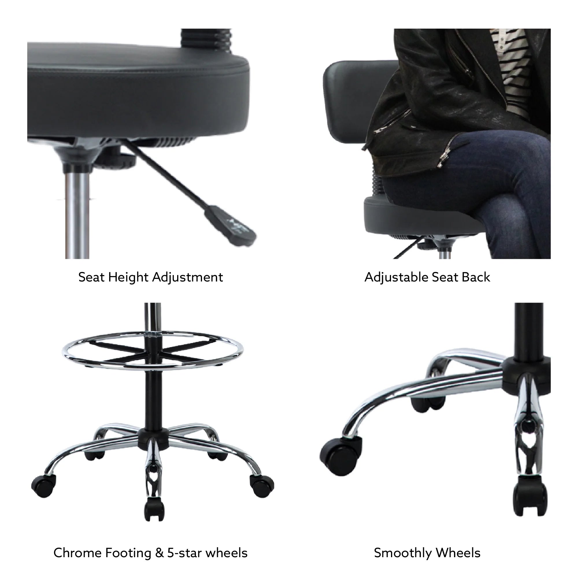 Height Adjustable Drafting Stool with Footrest, Faux Leather, Rolling Wheels by Naomi Home T38183