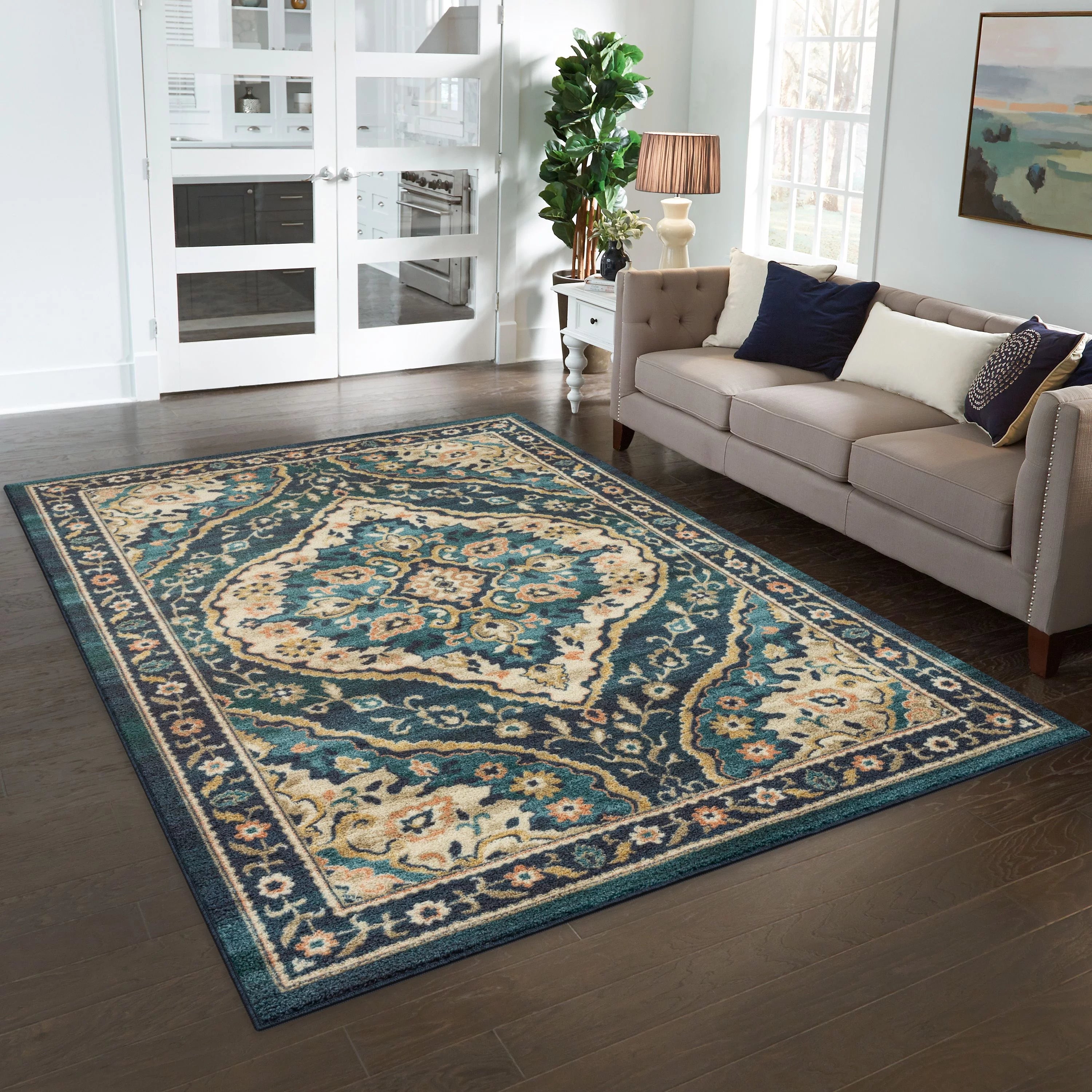 Mainstays Traditional Persian Teal Blue Print Indoor Area Rug 7x10 A4766