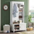 CoSoTower Multifunctional Hall Tree with Sliding Doors, Wooden Hallway Shoe Cabinet with Storage Bench and Shelves, Mudroom Coat Storage with Hanging Hooks for Entryways, White