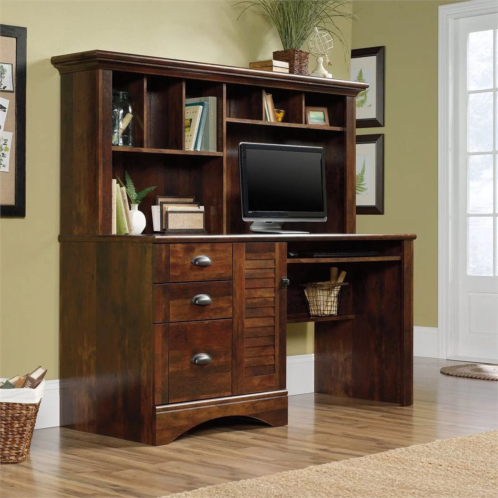 Pemberly Row Computer Desk with Hutch, Curado Cherry J48760