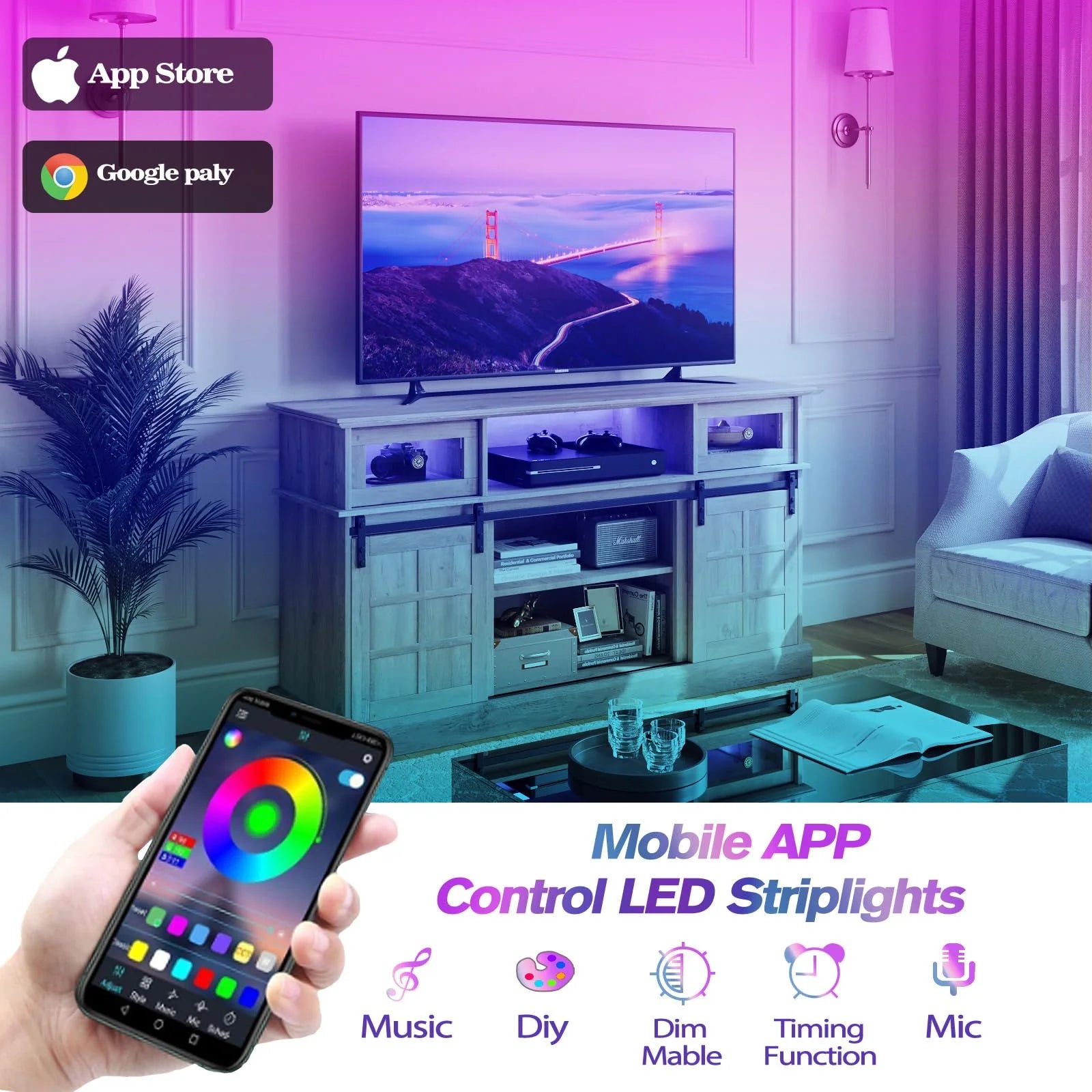 LGHM TV Stand with LED Lights for TVs Up to 65", Gray G984