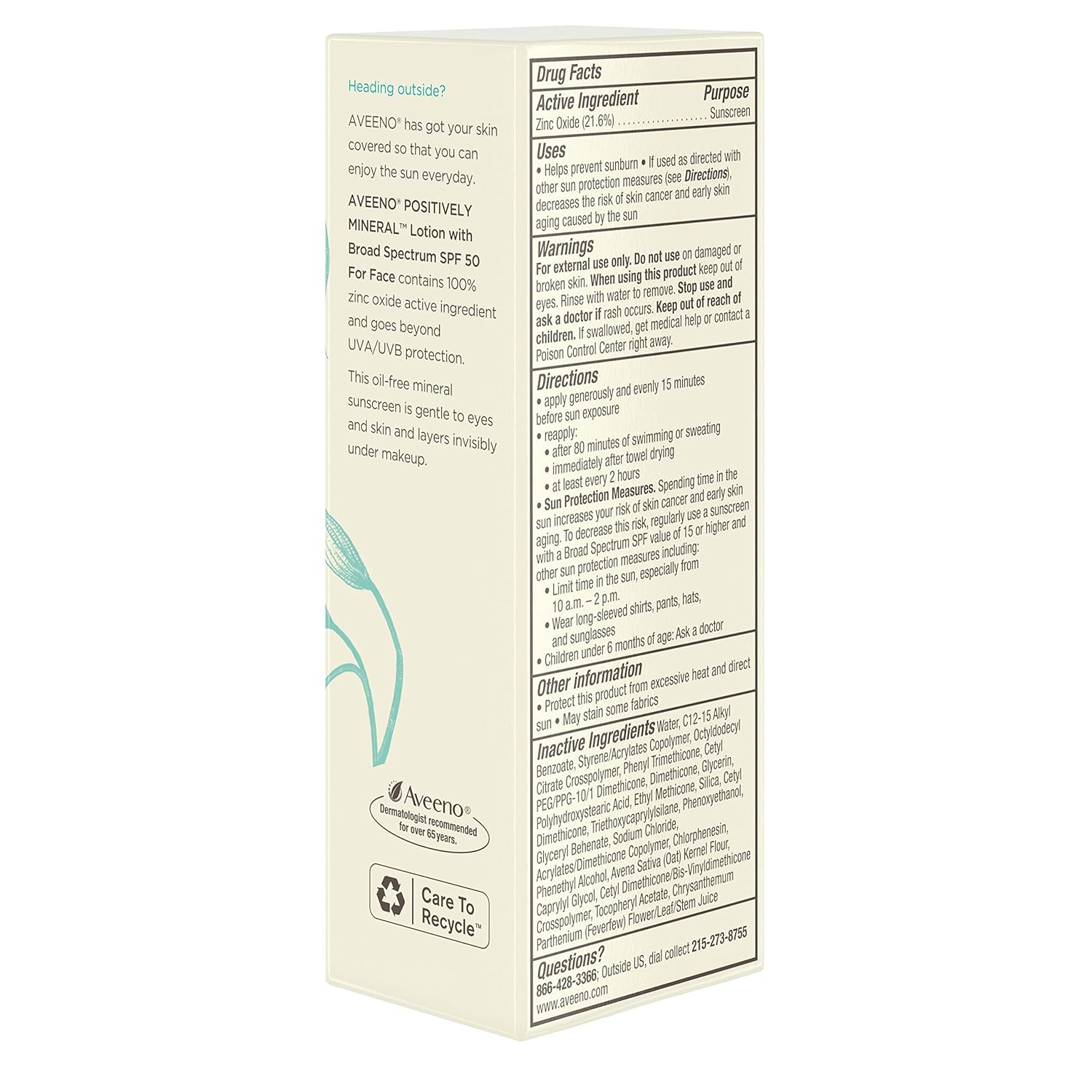 Aveeno Positively Mineral Sensitive Skin Daily Sunscreen Lotion SPF 50, 2 fl oz A358