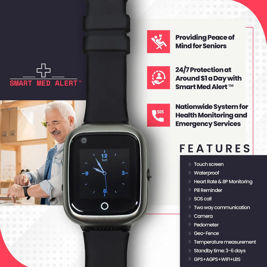 Smart Med Alert Elderly Medical Alert Smartwatch with Fall Detection, Black G668596