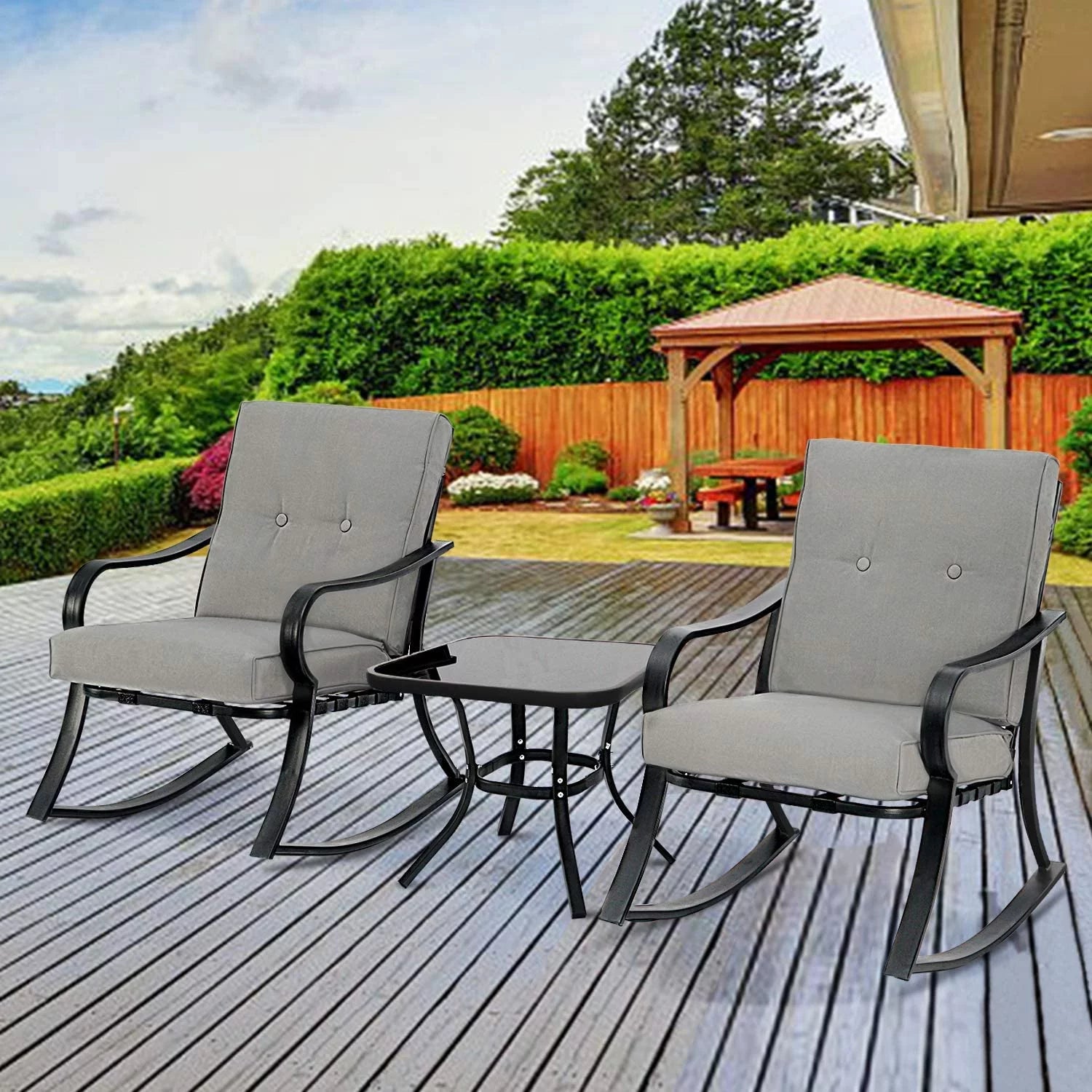 SOLAURA 3-Piece Outdoor Rocking Chairs Set with Cushions & Glass Table X314