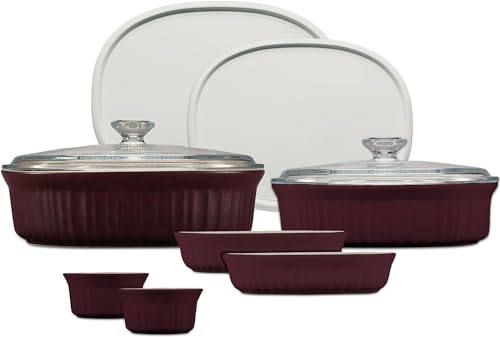 CorningWare Ceramic Bakeware Set with Lids, Chip and Crack Resistant Stoneware Baking Dish, Microwave, Dishwasher, Oven, Freezer and Fridge Safe, 10-Piece French Cabernet