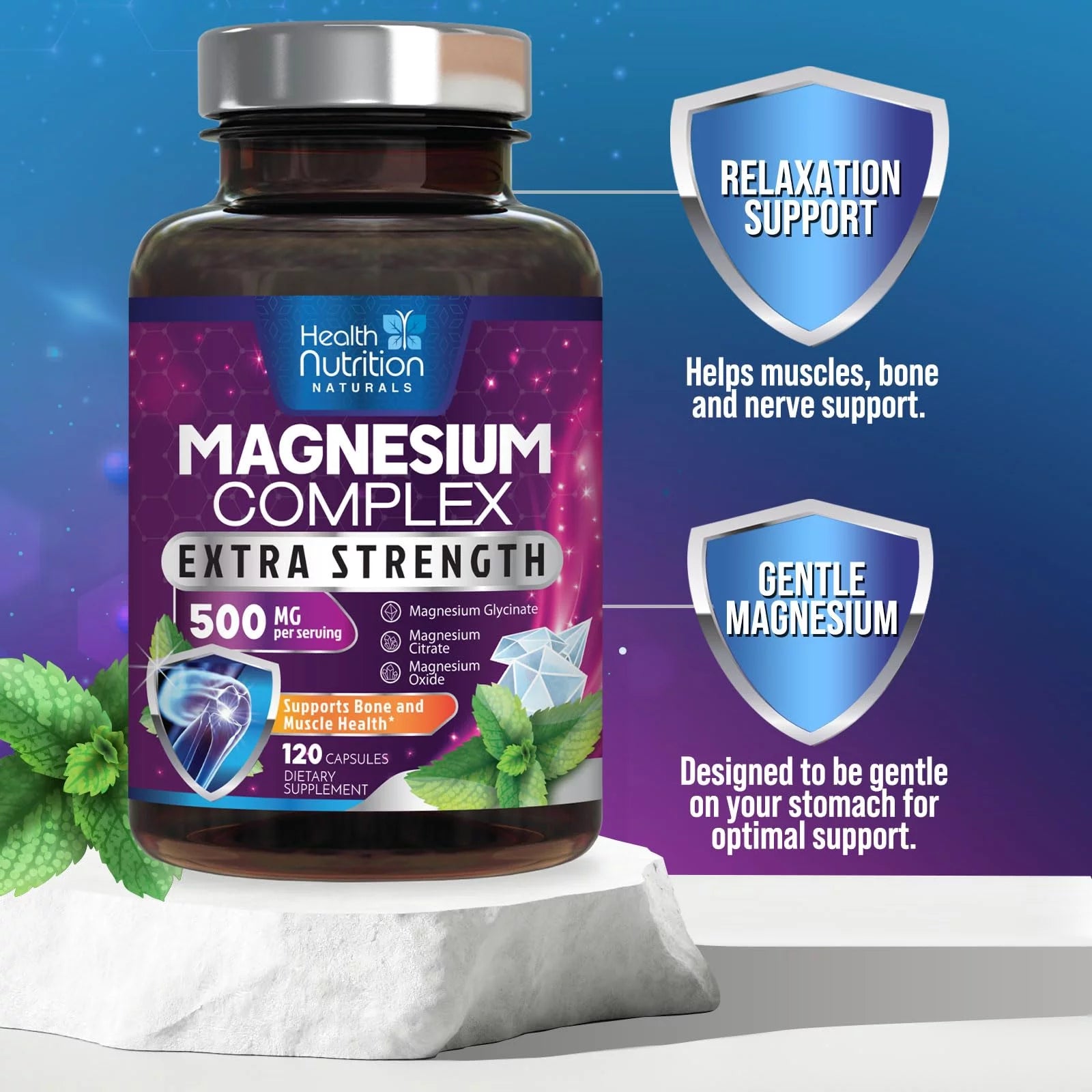 Magnesium Complex 500mg Capsules with Glycinate, Citrate, Malate - Non-GMO, 120 Count G37220