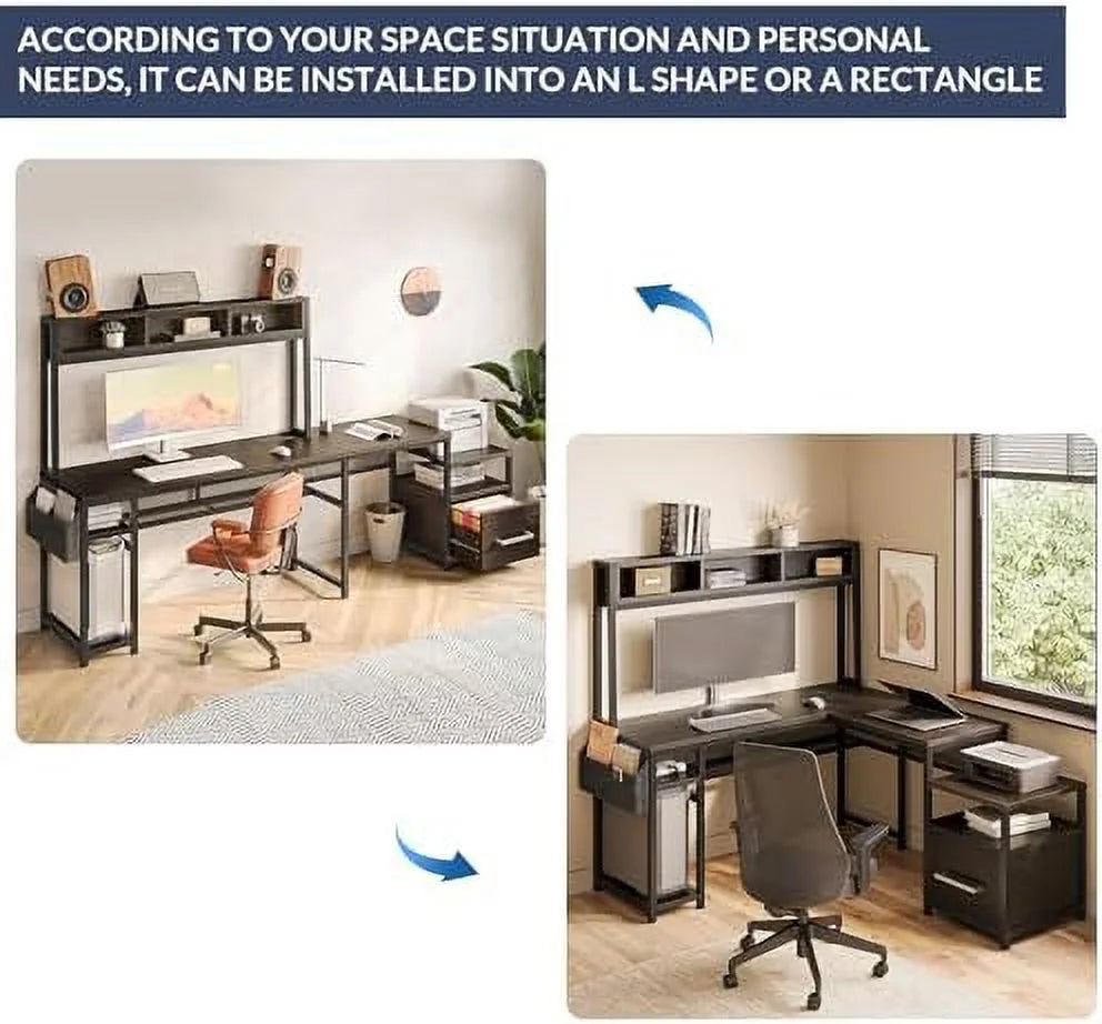 RUNFAYBIU Computer Desk with Monitor Stand and File Cabinet, 104" L-Shaped Gaming Desk with RGB LED Lights Z191630