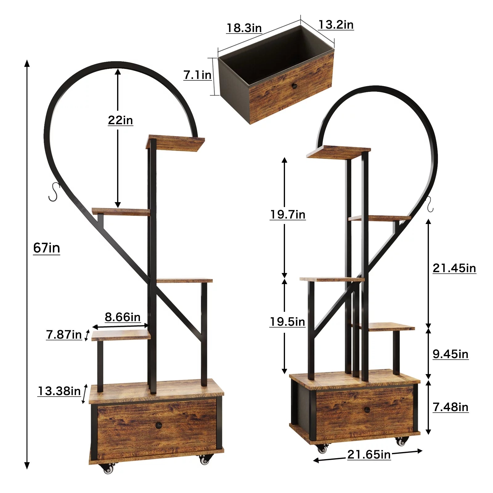 Walsport 6 Tier Heart-Shape Plant Stand with Drawer and Rollers, Metal and Wood, 2 Pack A756333