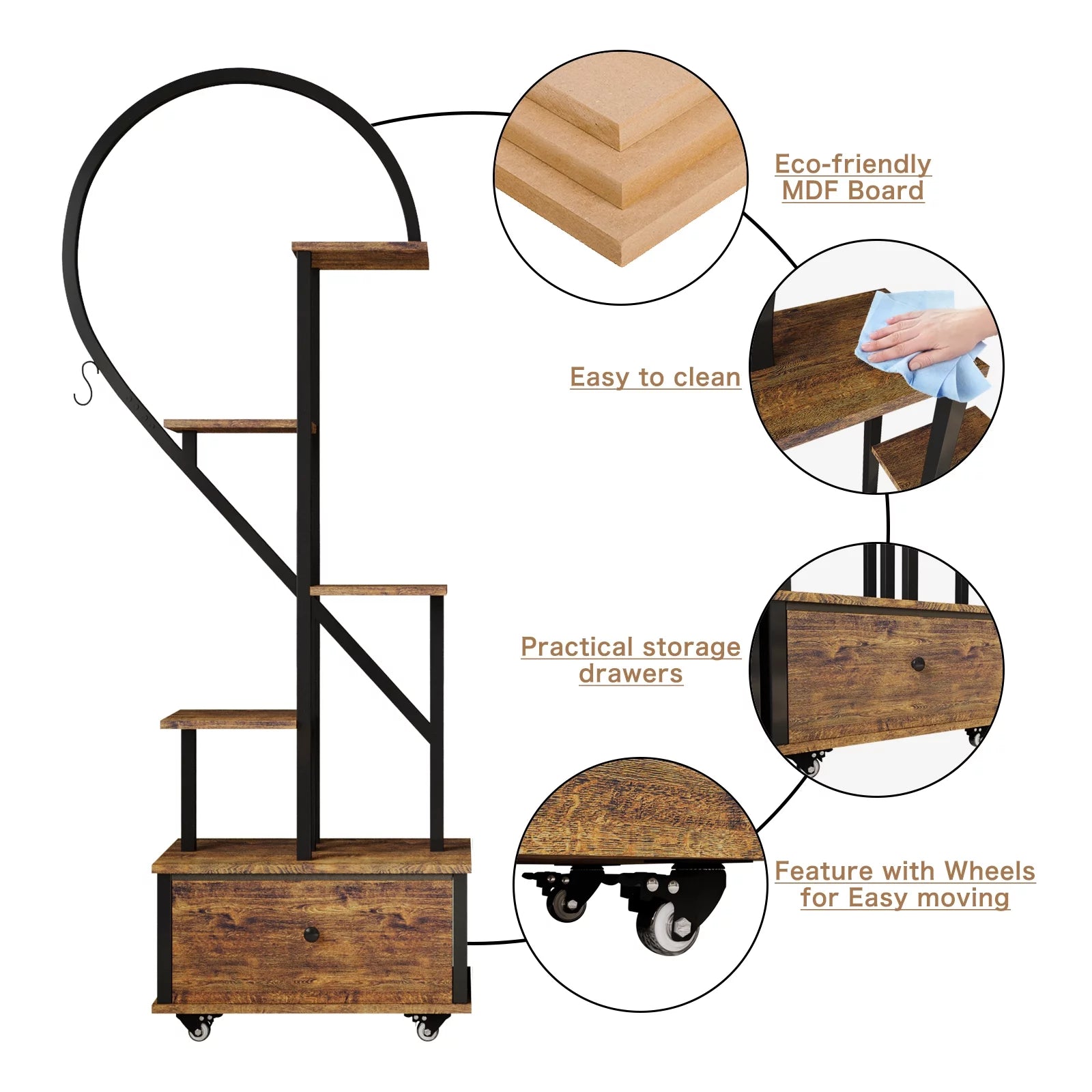 Walsport 6 Tier Heart-Shape Plant Stand with Drawer and Rollers, Metal and Wood, 2 Pack A756333