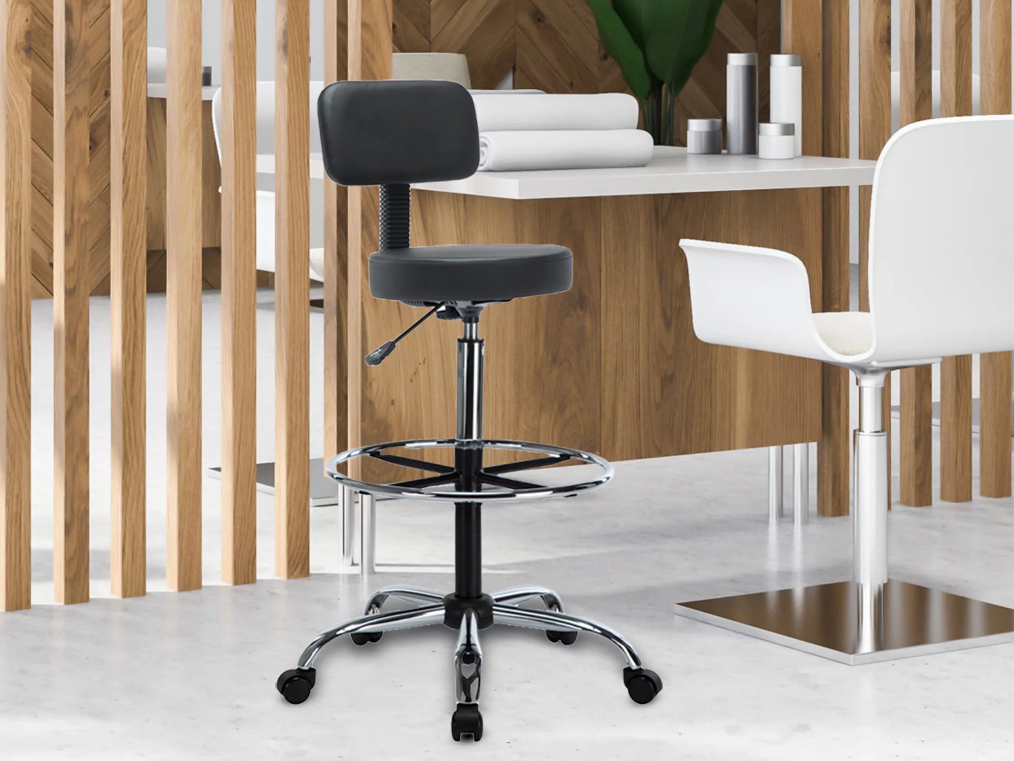 Height Adjustable Drafting Stool with Footrest, Faux Leather, Rolling Wheels by Naomi Home T38183