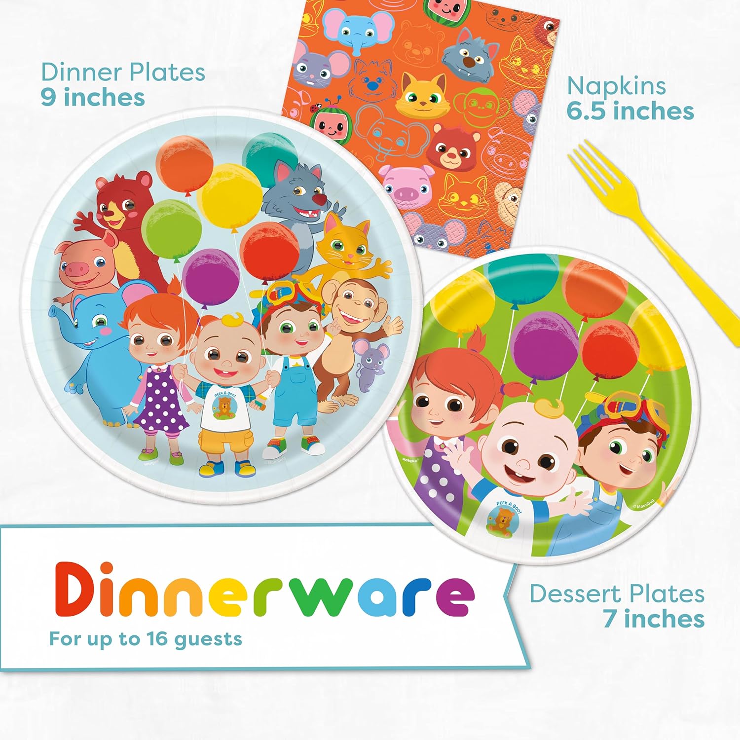 Cocomelon Party Supplies Set for 16 Guests with Table Cover, Plates, Napkins V903