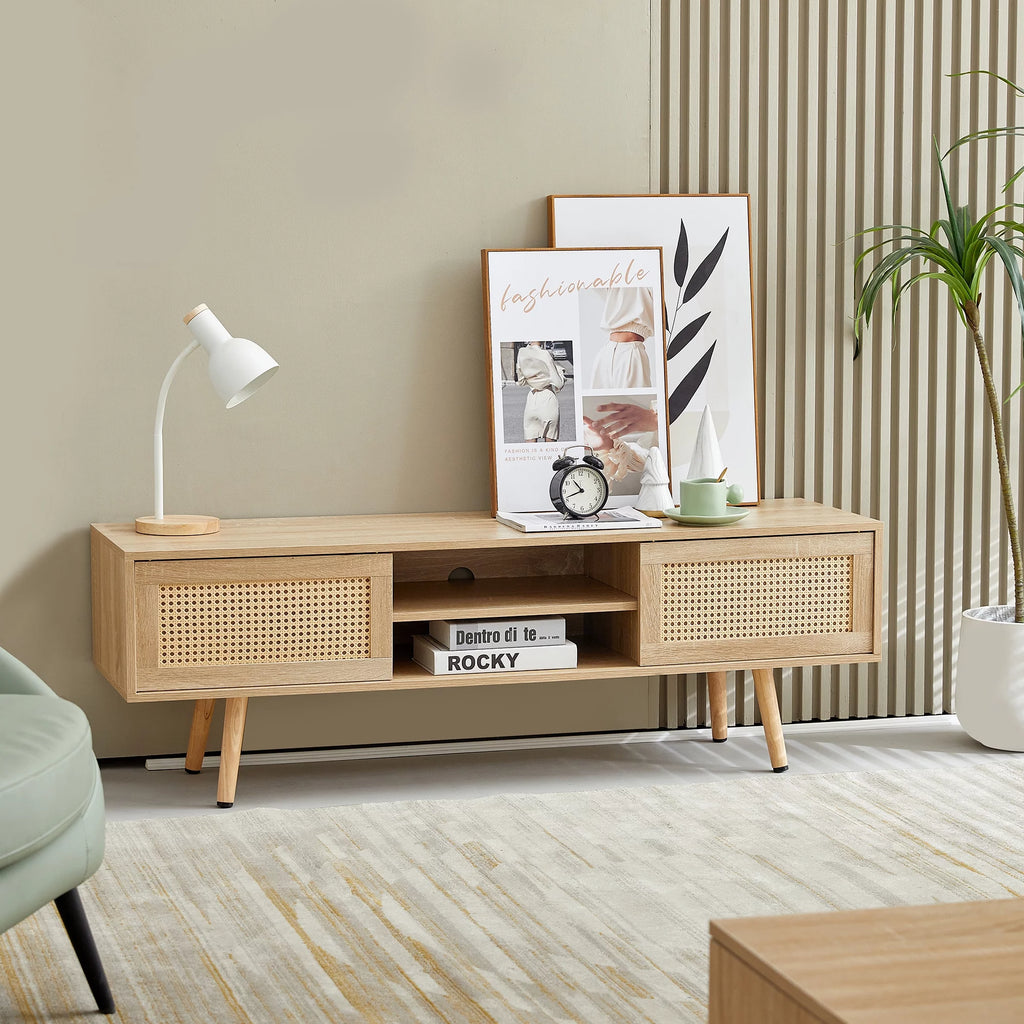 KUUFER 55" Rattan TV Stand, Solid Wood TV Cabinet with 2 Sliding Doors Z50259